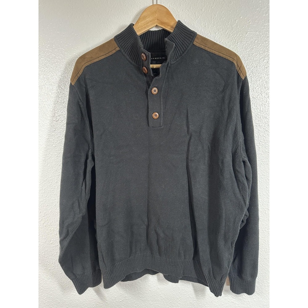 Cutter & Buck Sweater Mens Large Black Brown Quarter Button Pullover Cotton Trim